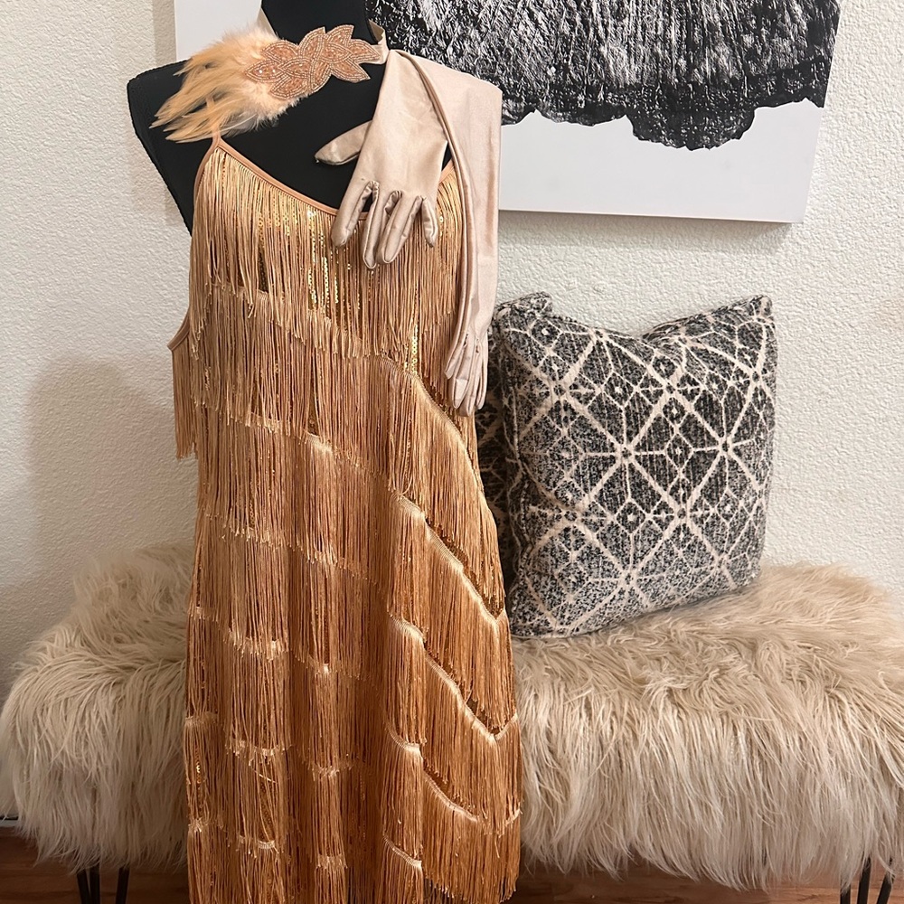 Gold Fringe Flapper Dress with Gloves